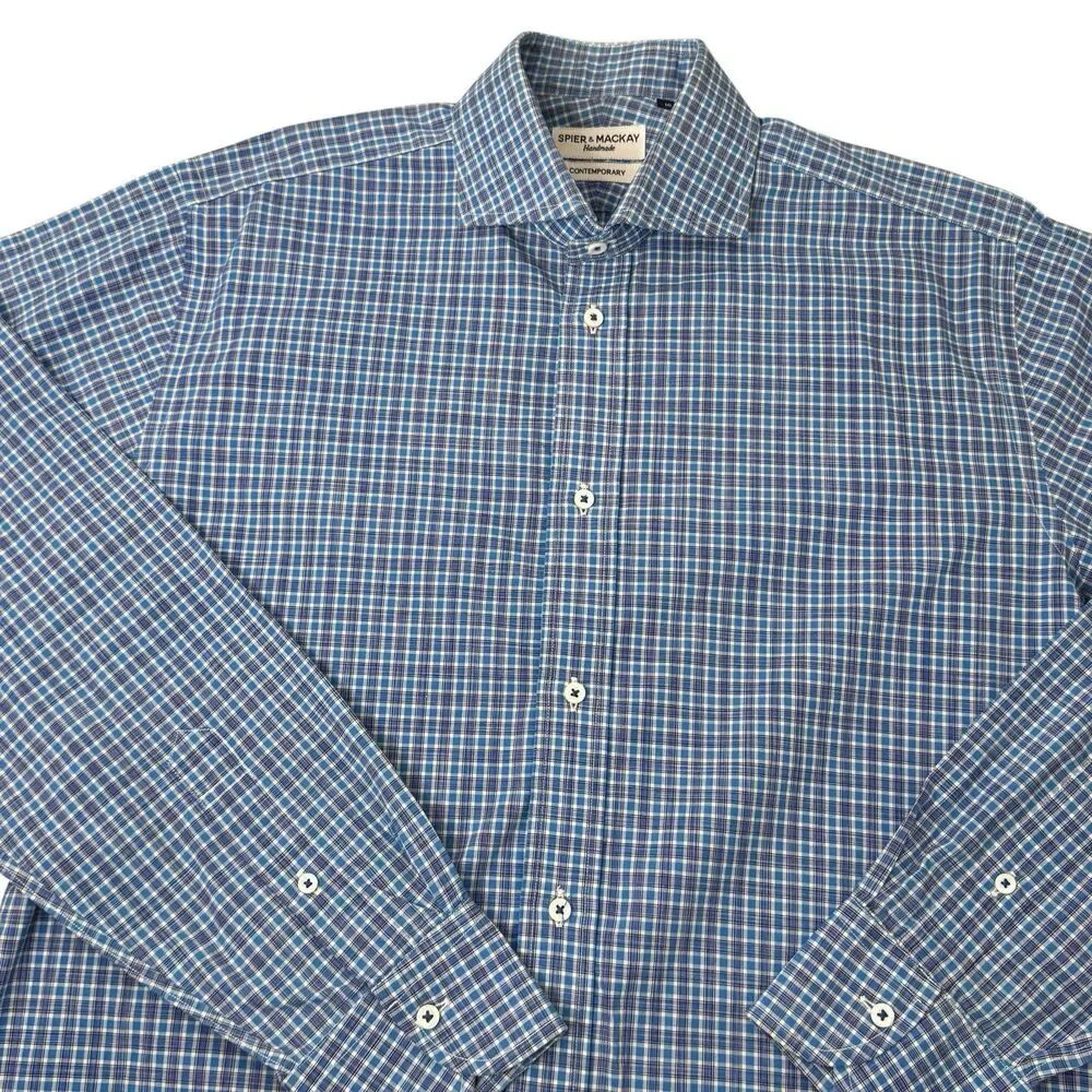 Spier Mackay Shirt Mens 16 Blue Plaid Long Sleeve Handmade Contemporary Fit